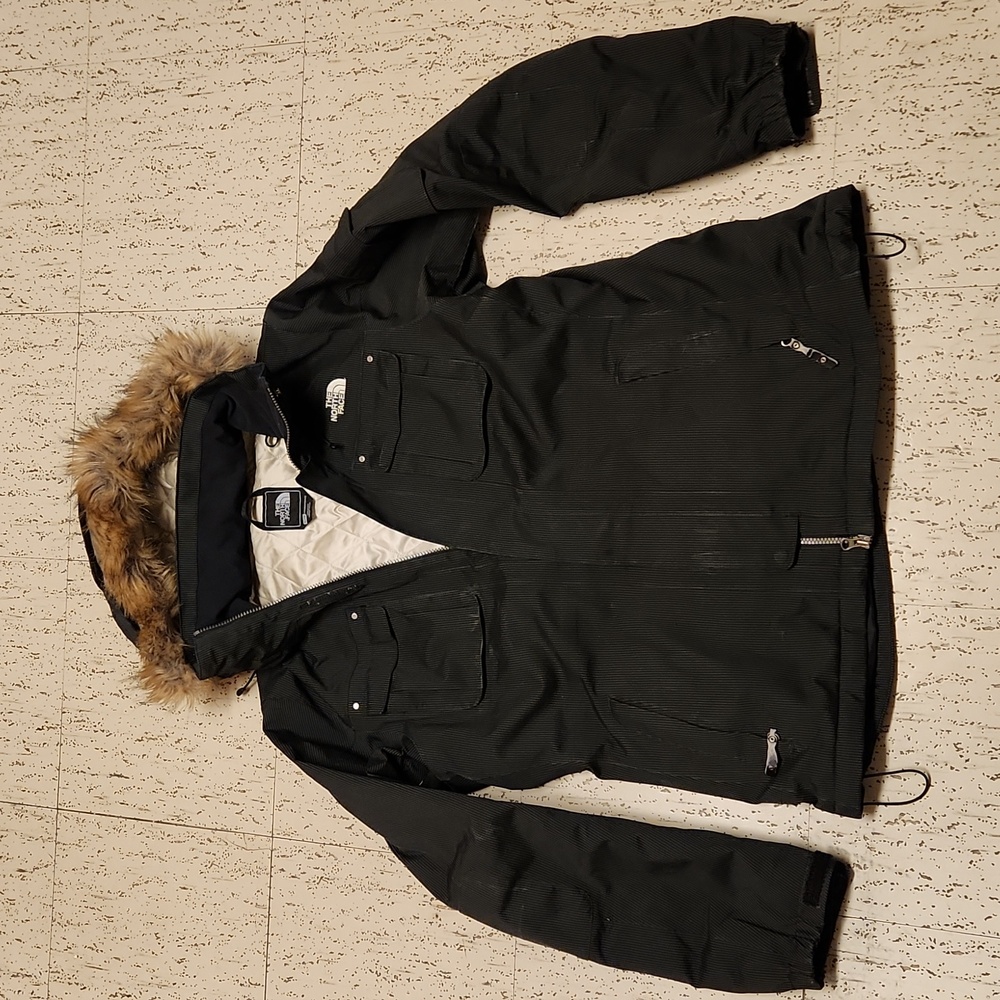 The North Face Pin Striped Full Zip Winter Jacket With Fur Hood Black And Grey